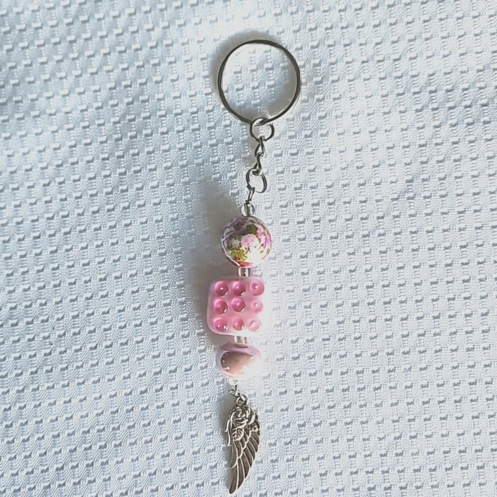 Pink Beaded Angel Wing Keychain Keyring Handmade